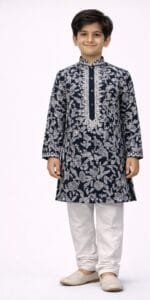Boys Navy Blue Floral Embroidered Kurta Pyjama Set - Patwa & Company