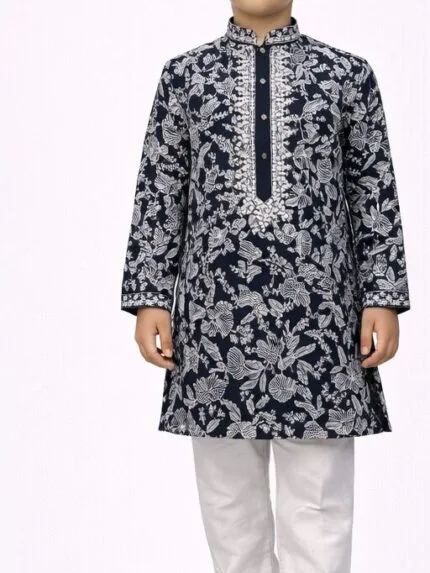 Boys Navy Blue Floral Embroidered Kurta Pyjama Set - Patwa & Company