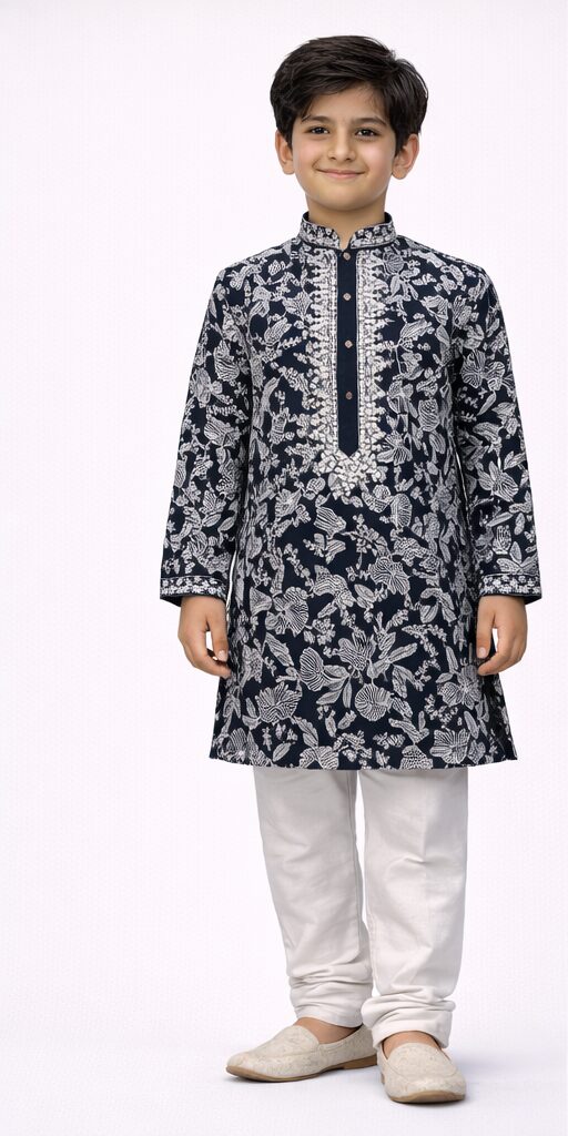 Kids Navy Floral Kurta Front Boys Navy Blue Floral Embroidered Kurta Pyjama Set - Image 1