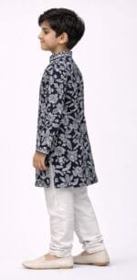 Boys Navy Blue Floral Embroidered Kurta Pyjama Set - view 3