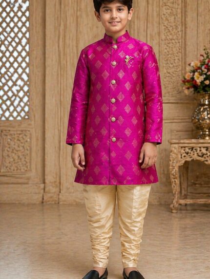 Boys Navy Floral Brocade Jodhpuri Bandhgala Suit