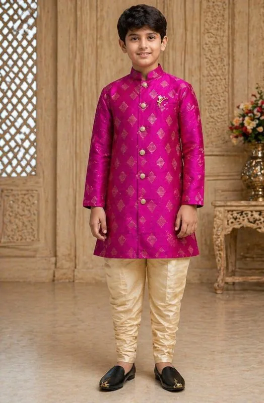 Boys Navy Floral Brocade Jodhpuri Bandhgala Suit - Patwa & Company