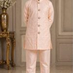 Boys Peach Sequin Embroidered Indo-Western Sherwani Set