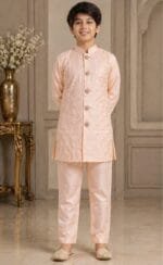 Boys Peach Sequin Embroidered Indo-Western Sherwani Set - Patwa & Company