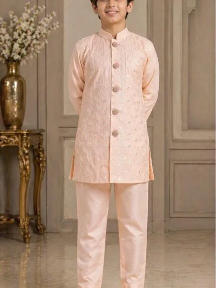 Boys Peach Sequin Embroidered Indo-Western Sherwani Set - Patwa & Company