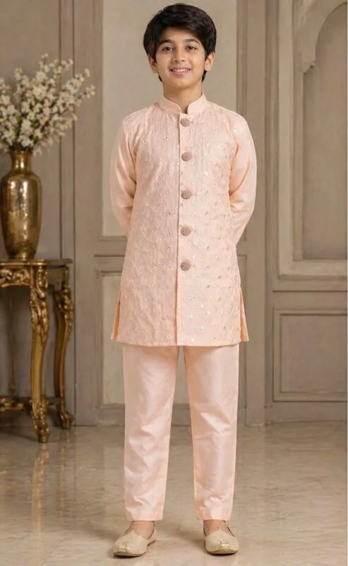Boys Peach Sequin Embroidered Indo-Western Sherwani Set - Patwa & Company