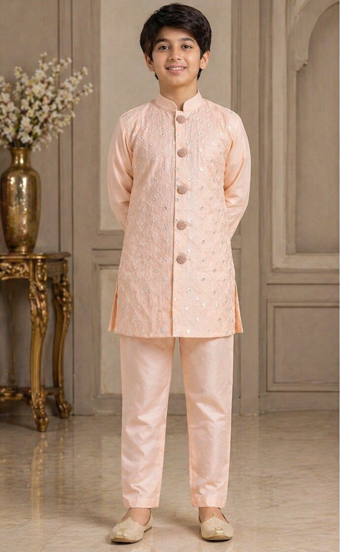 Kids Peach Sequin Iw Front Boys Peach Sequin Embroidered Indo-Western Sherwani Set - Image 1