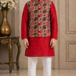 Boys Red Patchwork Jacket Kurta Pyjama Set