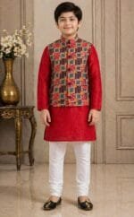 Boys Red Patchwork Jacket Kurta Pyjama Set - Patwa & Company