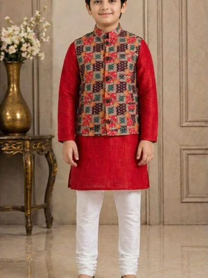 Boys Red Patchwork Jacket Kurta Pyjama Set - Patwa & Company