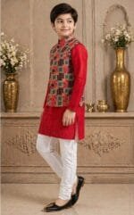 Boys Red Patchwork Jacket Kurta Pyjama Set - view 2