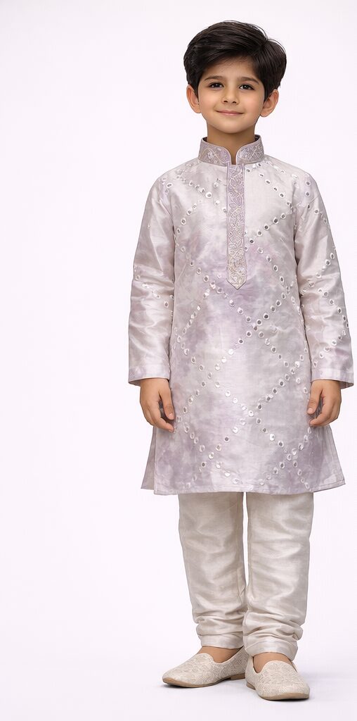Kids Silver Mirror Kurta Front Boys Silver Mirror Work Kurta Pyjama Set - Image 1