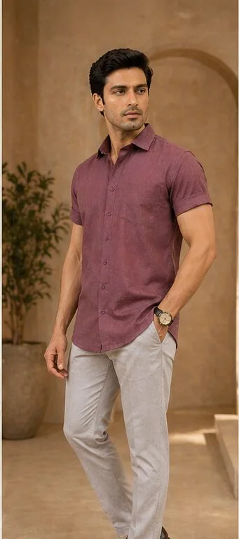Men's Mauve Plain Half Sleeve Shirt - view 2