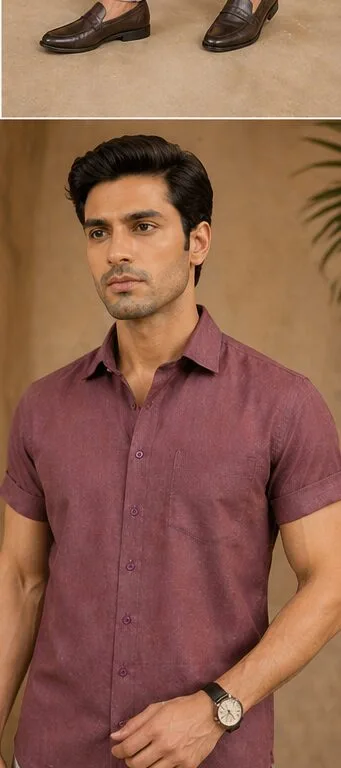 Men's Mauve Plain Half Sleeve Shirt - view 6