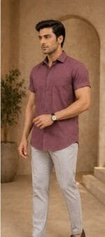 Men's Mauve Plain Half Sleeve Shirt - view 3