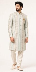 Men's Mint Green Multicolour Stripe Embroidered Indo-Western Sherwani - view 2