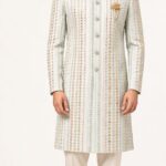 Men's Mint Green Multicolour Stripe Embroidered Indo-Western Sherwani