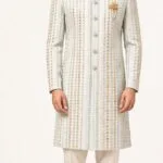 Men's Mint Green Multicolour Stripe Embroidered Indo-Western Sherwani - Patwa & Company