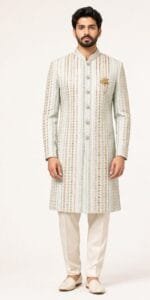 Men's Mint Green Multicolour Stripe Embroidered Indo-Western Sherwani - Patwa & Company