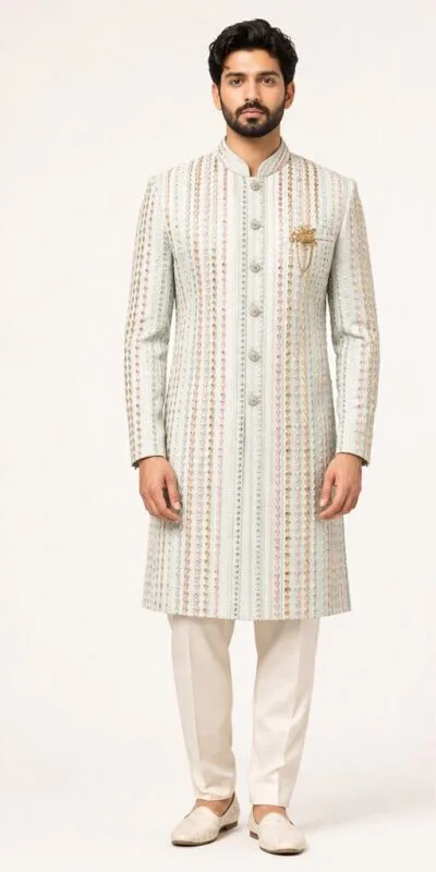 Men's Mint Green Multicolour Stripe Embroidered Indo-Western Sherwani - Patwa & Company