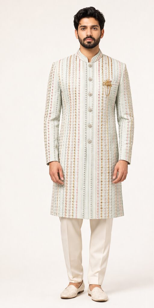 Mint Sherwani Front Men's Mint Green Multicolour Stripe Embroidered Indo-Western Sherwani - Image 1