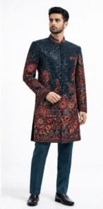 Men's Navy Sequin Floral Ombre Indo-Western Sherwani Set - view 2