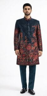 Men's Navy Sequin Floral Ombre Indo-Western Sherwani Set - Patwa & Company