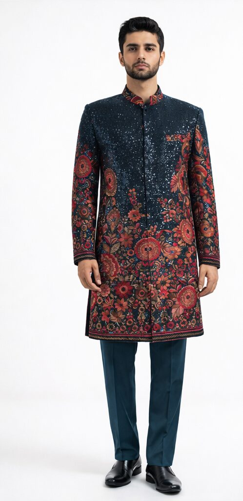 Navy Sequin Sherwani Front Men's Navy Sequin Floral Ombre Indo-Western Sherwani Set - Image 1