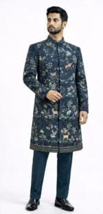 Men's Navy Blue Mughal Wildlife Indo-Western Sherwani Set - view 2