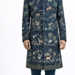Men's Navy Blue Mughal Wildlife Indo-Western Sherwani Set