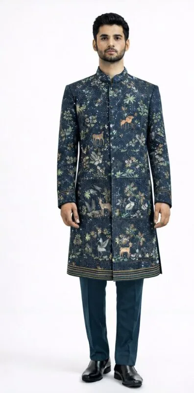 Men's Navy Blue Mughal Wildlife Indo-Western Sherwani Set - Patwa & Company