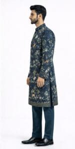 Men's Navy Blue Mughal Wildlife Indo-Western Sherwani Set - view 3