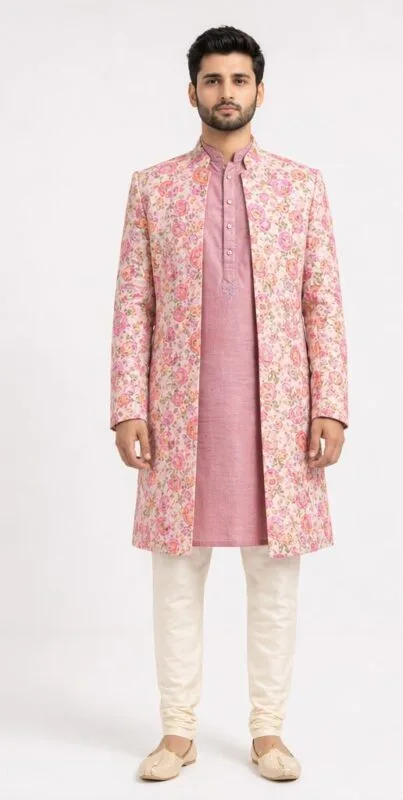 Men's Pink Floral Garden Indo-Western Sherwani Set - Patwa & Company