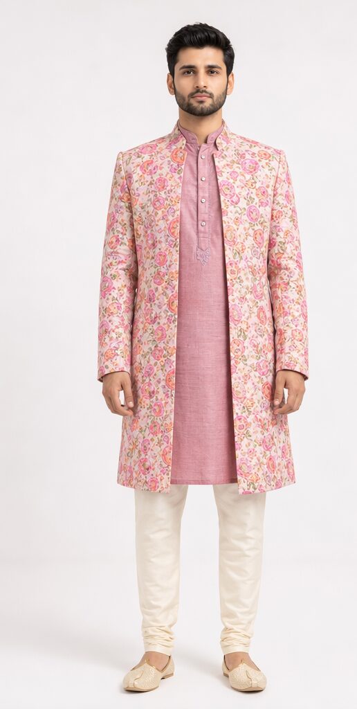 Pink Floral Sherwani Front Men's Pink Floral Garden Indo-Western Sherwani Set - Image 1