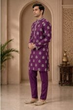 Men's Purple Buta Embroidered Kurta Pyjama Set - view 3