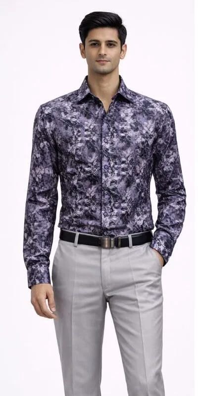 Men's Purple Dark Floral Print Full Sleeve Shirt - Patwa & Company