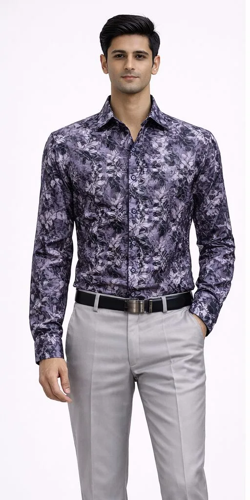 Men's Purple Dark Floral Print Full Sleeve Shirt - Patwa & Company