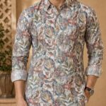 Men's Cream Tropical Leaf Print Full Sleeve Shirt