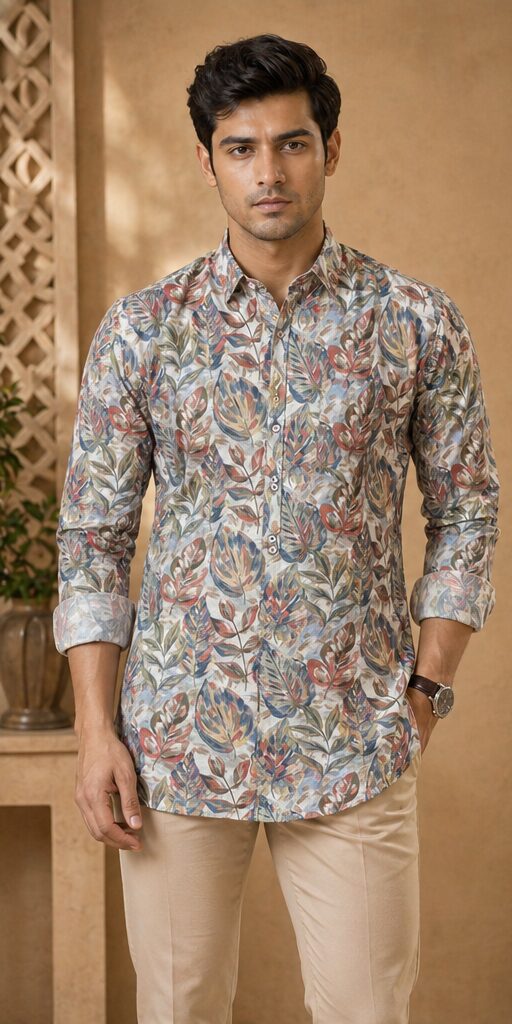 Tropical Leaf Shirt Front Men's Cream Tropical Leaf Print Full Sleeve Shirt - Image 1