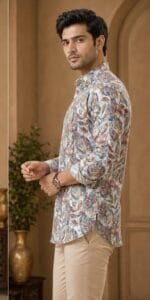 Men's Cream Tropical Leaf Print Full Sleeve Shirt - view 3