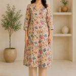 Ladies Beige Floral Print Cotton Kurti