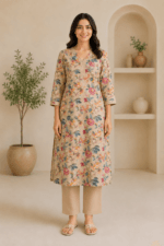 Ladies Beige Floral Print Cotton Kurti