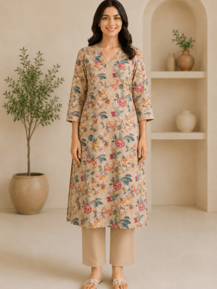 Ladies Beige Floral Print Cotton Kurti
