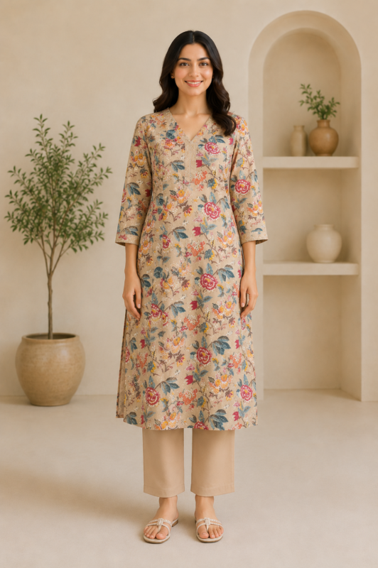Ladies Beige Floral Print Cotton Kurti