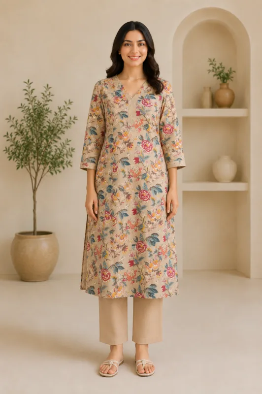 Ladies Beige Floral Print Cotton Kurti