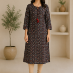 Ladies Black Ajrakh Print Cotton Tasseled Kurti