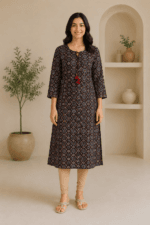 Ladies Black Ajrakh Print Cotton Tasseled Kurti