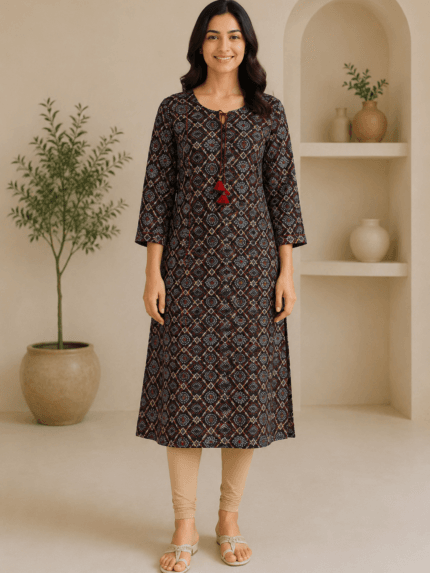 Ladies Black Ajrakh Print Cotton Tasseled Kurti