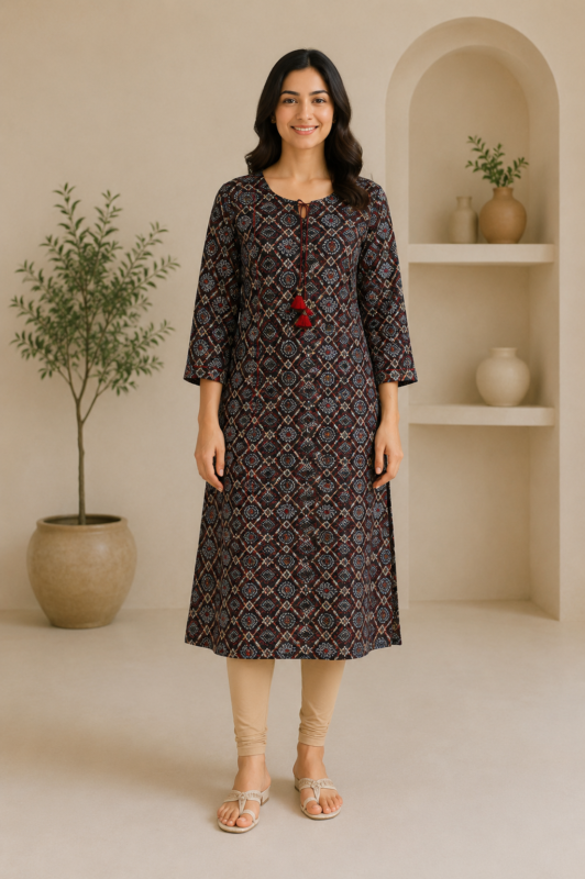 Ladies Black Ajrakh Print Cotton Tasseled Kurti