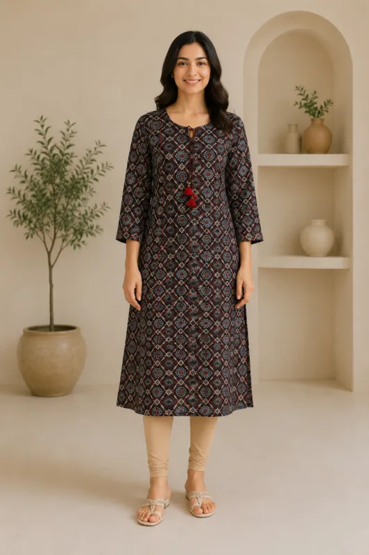 Ladies Black Ajrakh Print Cotton Tasseled Kurti